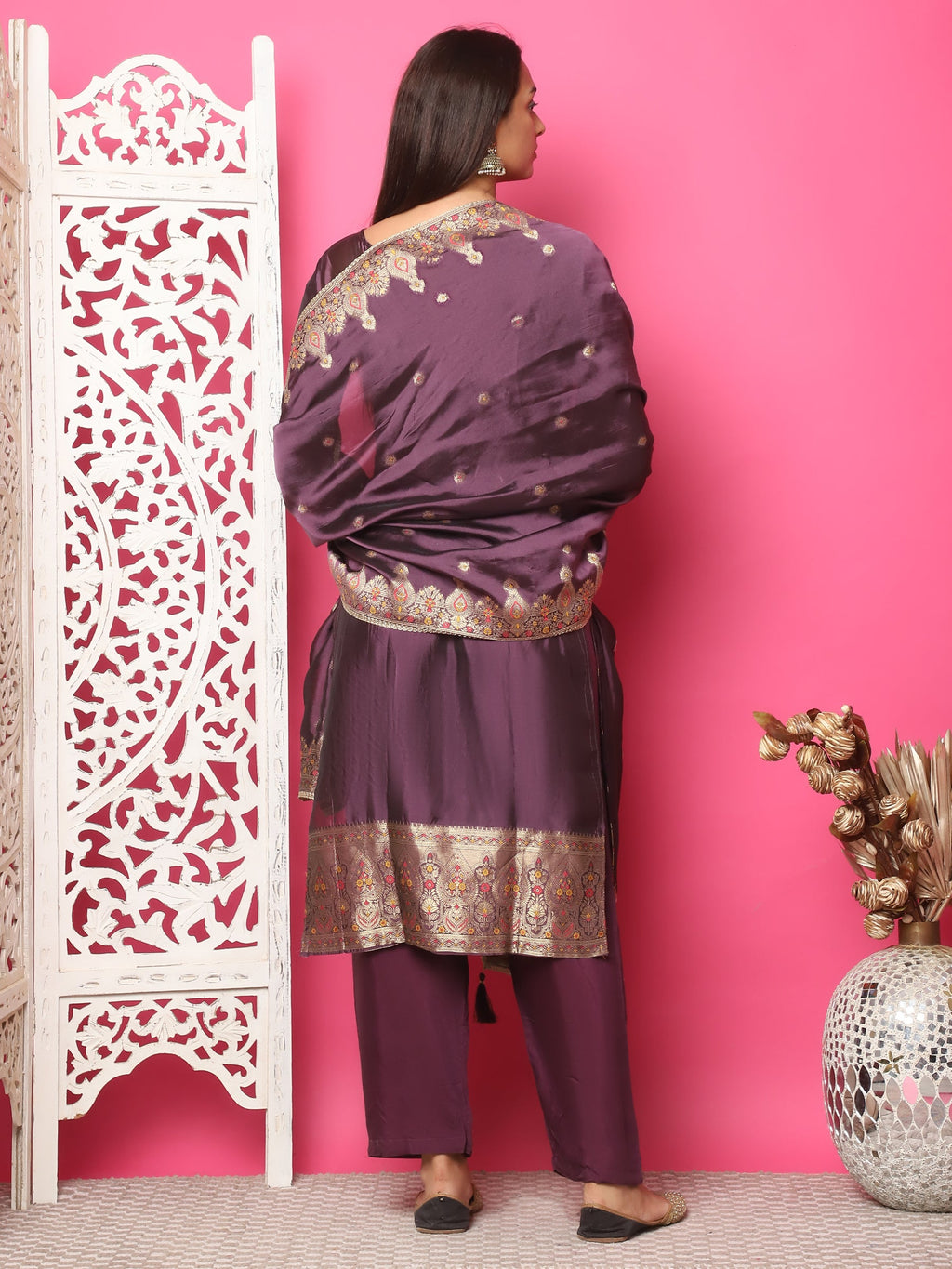 Jyoti Fashion Women's Violet Silk Jacquard Woven with Zari Work Salwar Suit Set