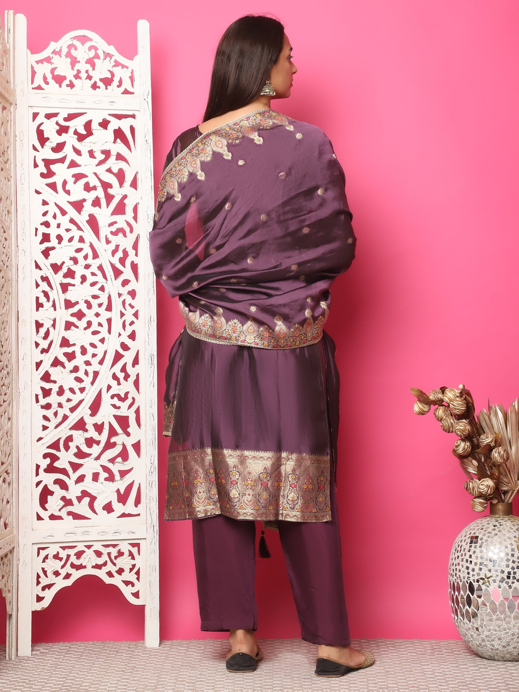 Jyoti Fashion Women's Violet Silk Jacquard Woven with Zari Work Salwar Suit Set