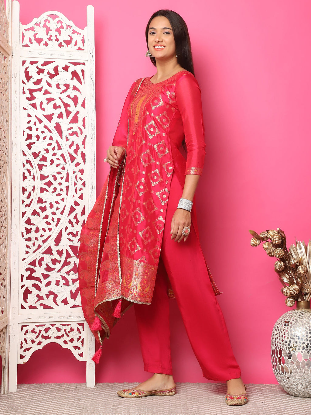 Jyoti Fashion Women's Red Silk Jacquard Woven with Zari Work Salwar Suit Set