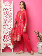 Jyoti Fashion Women's Red Silk Jacquard Woven with Zari Work Salwar Suit Set