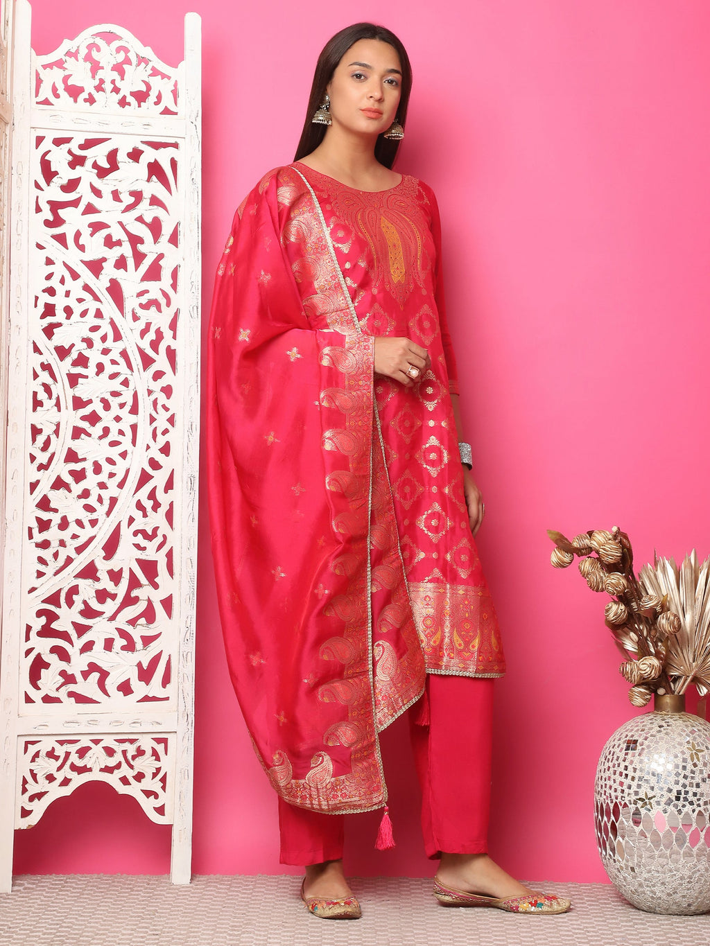 Jyoti Fashion Women's Red Silk Jacquard Woven with Zari Work Salwar Suit Set