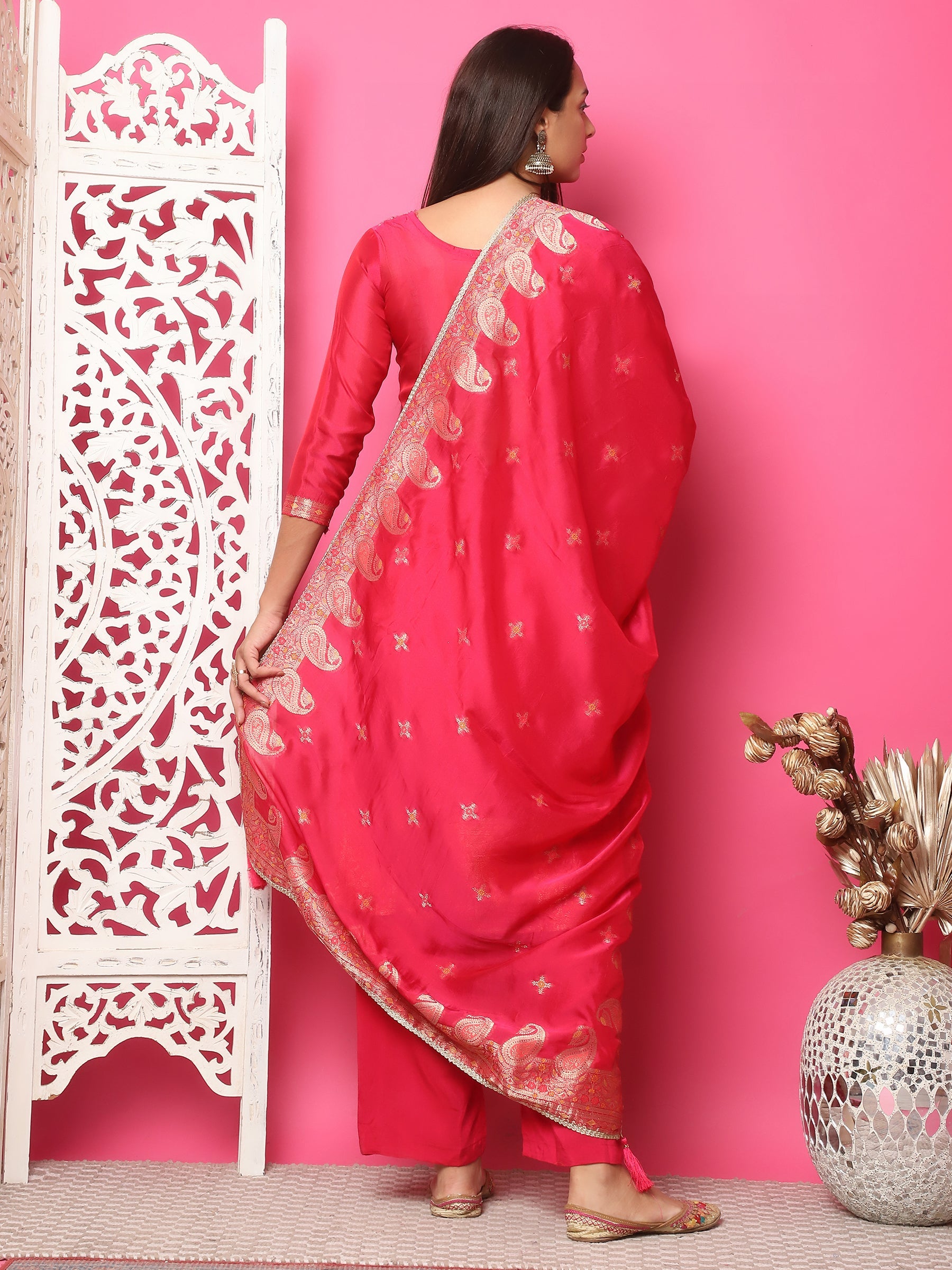 Jyoti Fashion Women's Red Silk Jacquard Woven with Zari Work Salwar Suit Set