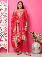 Jyoti Fashion Women's Red Silk Jacquard Woven with Zari Work Salwar Suit Set