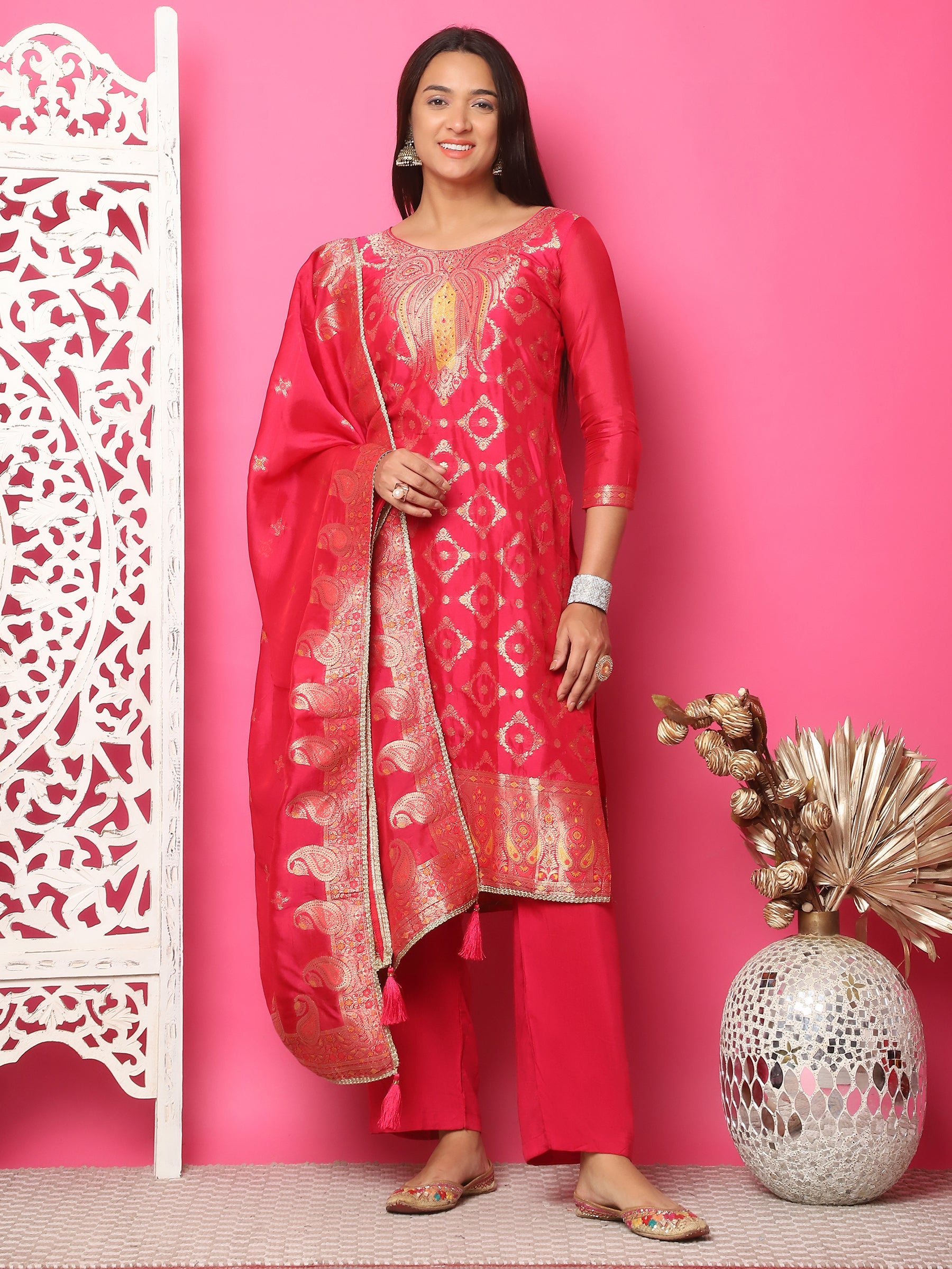 Jyoti Fashion Women's Red Silk Jacquard Woven with Zari Work Salwar Suit Set