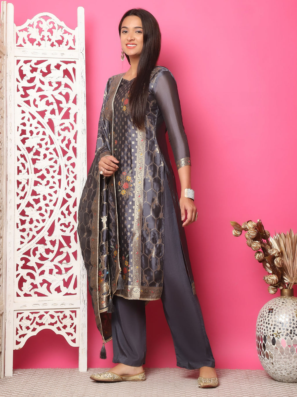 Jyoti Fashion Women's Grey Silk Jacquard Woven with Zari Work Salwar Suit Set