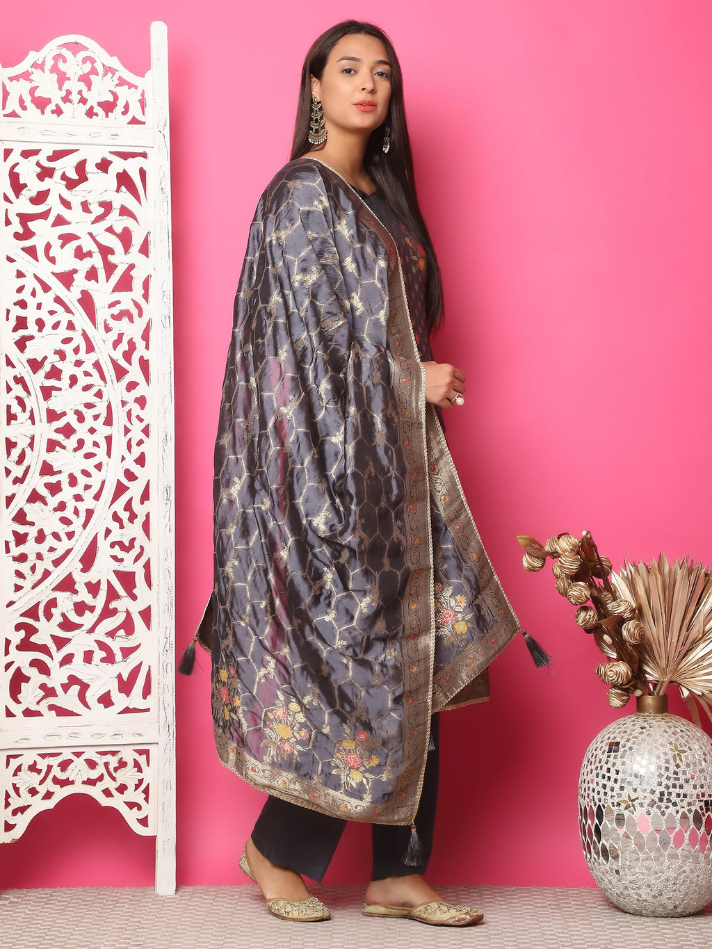 Jyoti Fashion Women's Grey Silk Jacquard Woven with Zari Work Salwar Suit Set