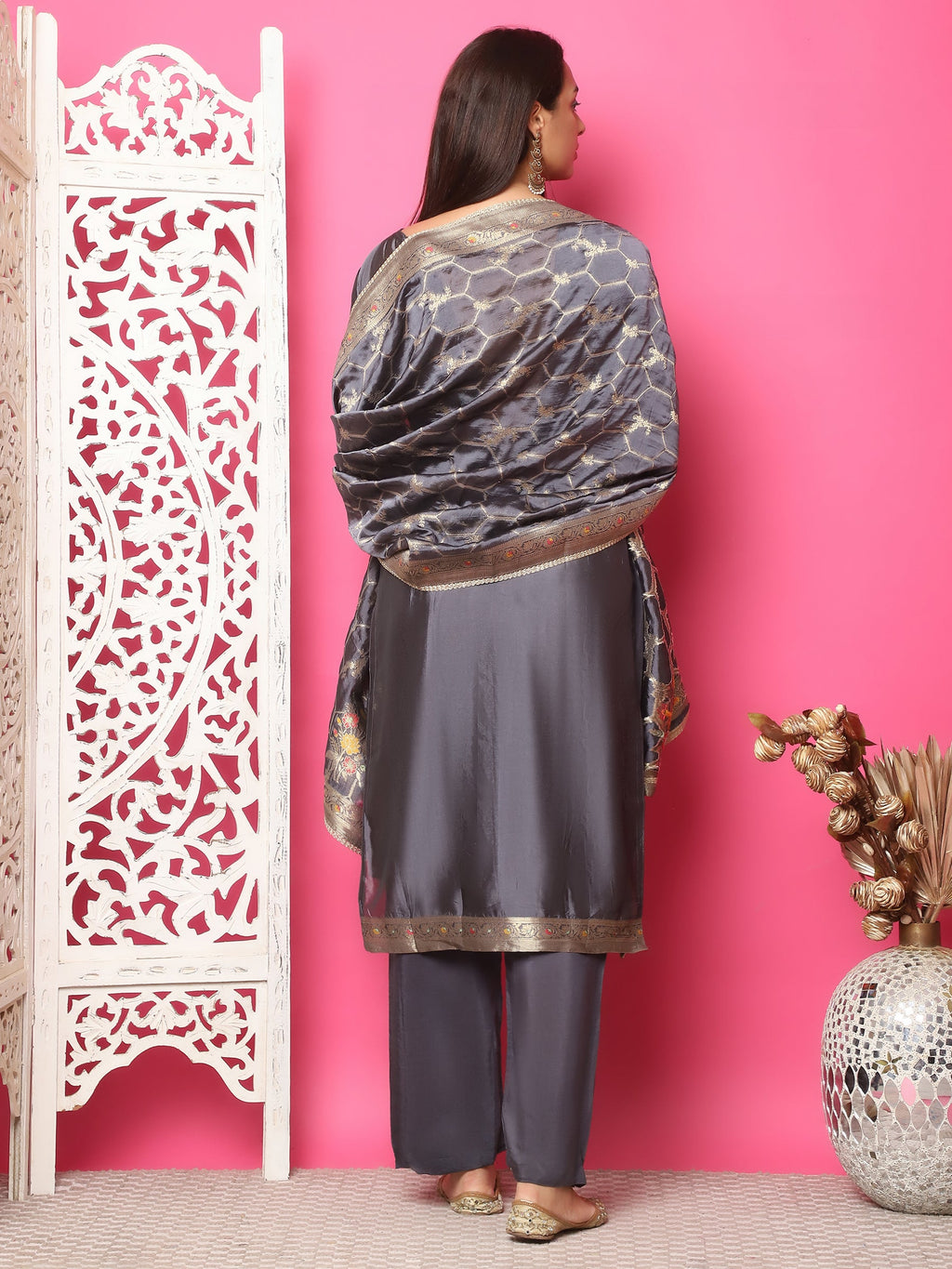 Jyoti Fashion Women's Grey Silk Jacquard Woven with Zari Work Salwar Suit Set