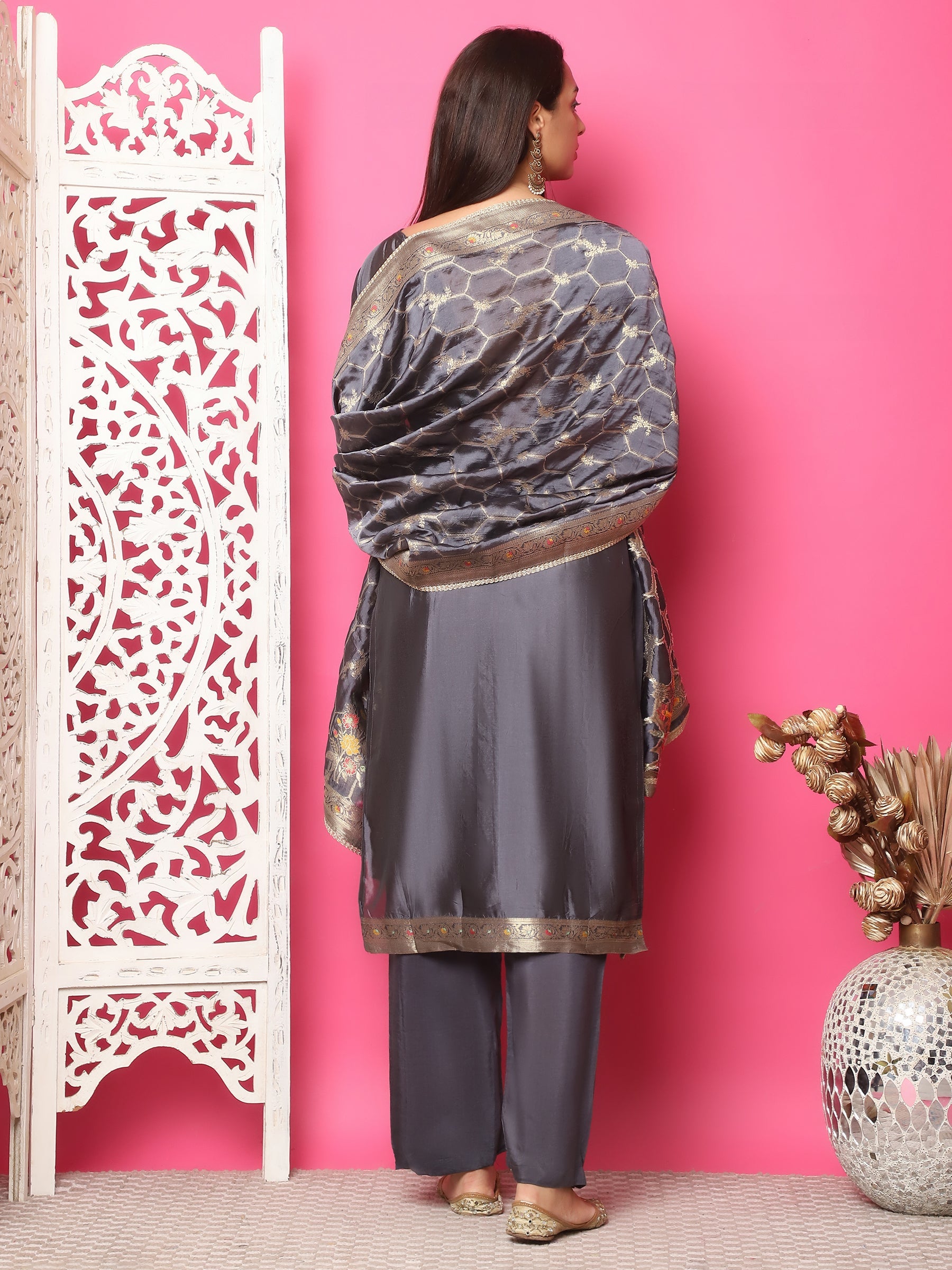 Jyoti Fashion Women's Grey Silk Jacquard Woven with Zari Work Salwar Suit Set