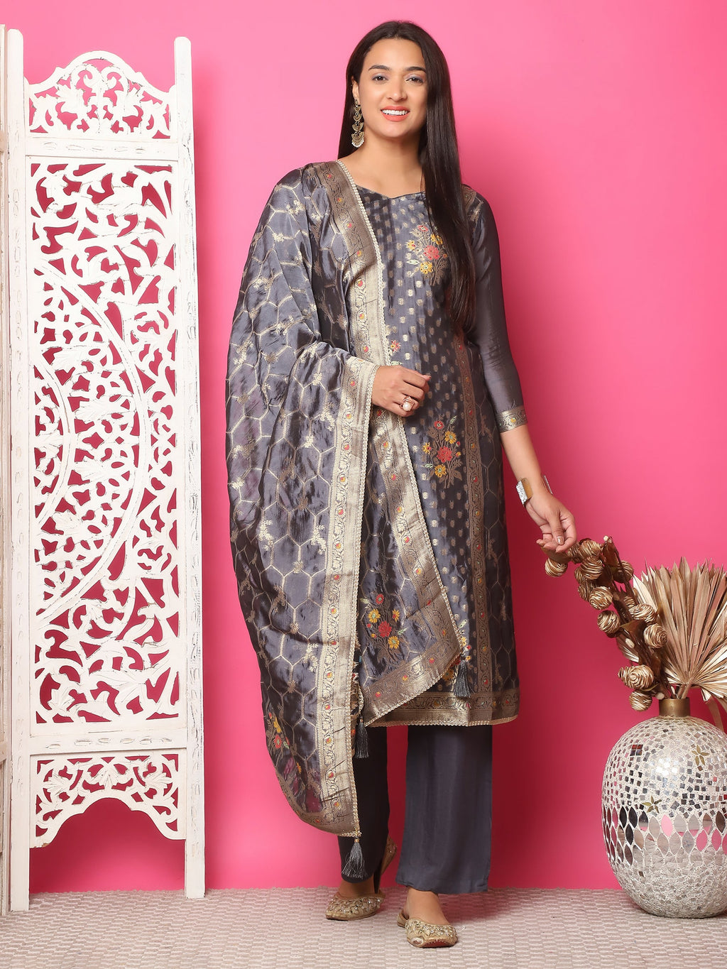 Jyoti Fashion Women's Grey Silk Jacquard Woven with Zari Work Salwar Suit Set
