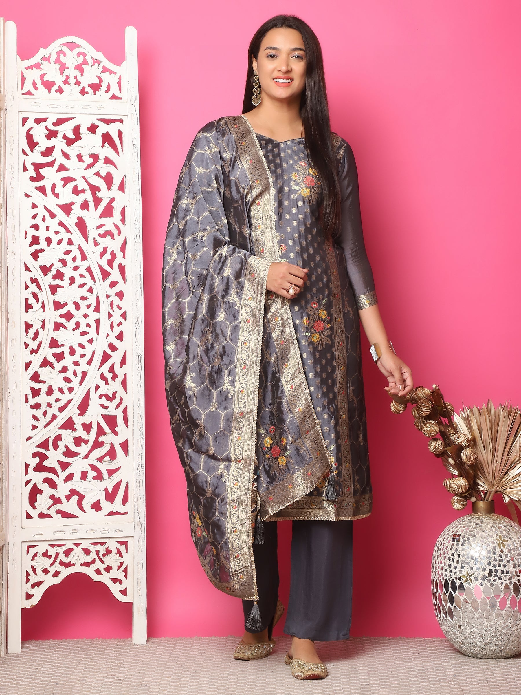 Jyoti Fashion Women's Grey Silk Jacquard Woven with Zari Work Salwar Suit Set