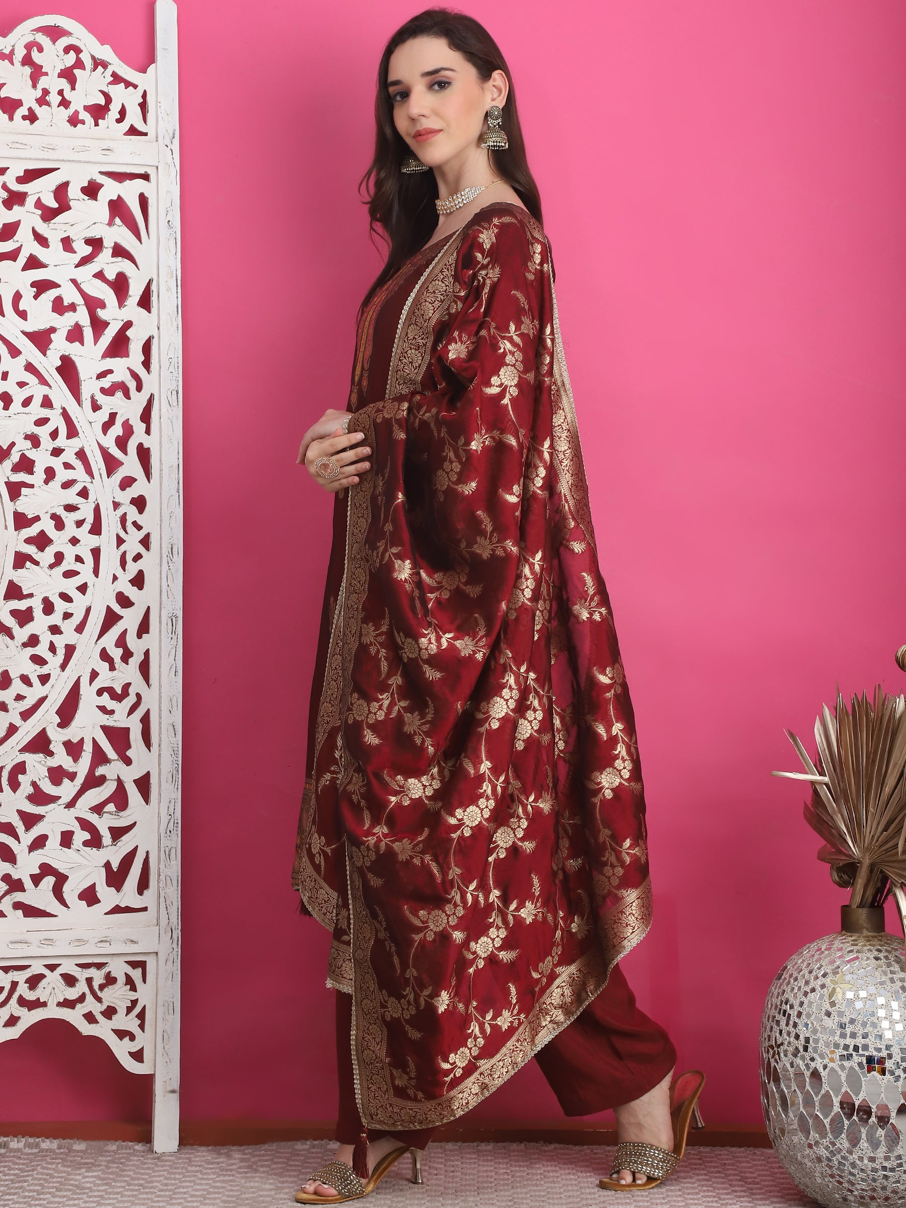 Jyoti Fashion Women's Maroon Silk Jacquard Woven with Zari Work Salwar Suit Set