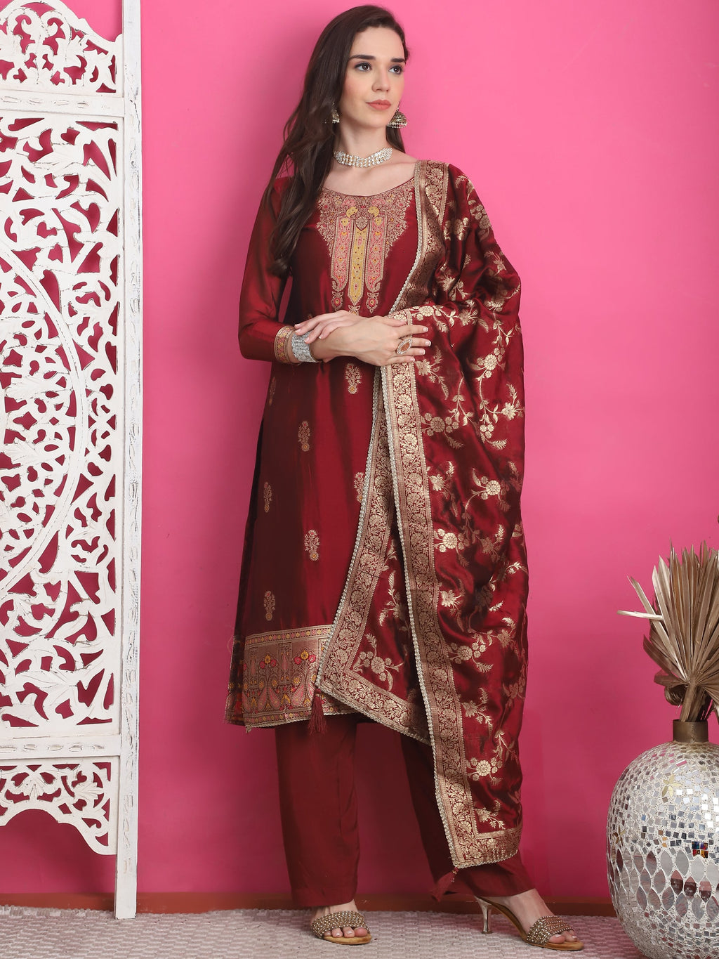 Jyoti Fashion Women's Maroon Silk Jacquard Woven with Zari Work Salwar Suit Set