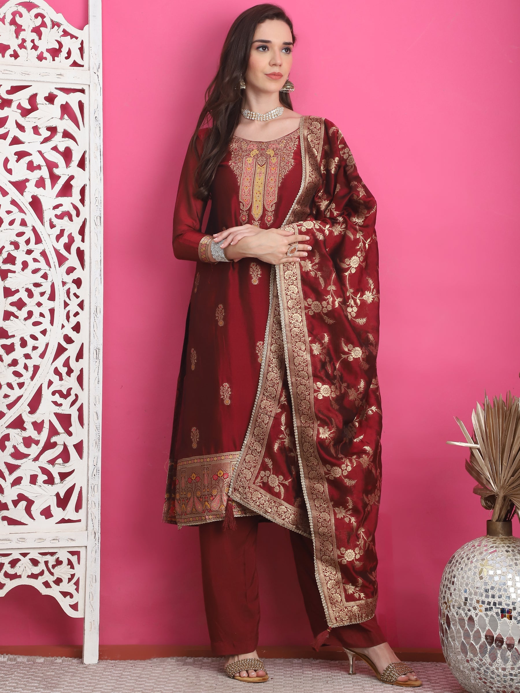 Jyoti Fashion Women's Maroon Silk Jacquard Woven with Zari Work Salwar Suit Set