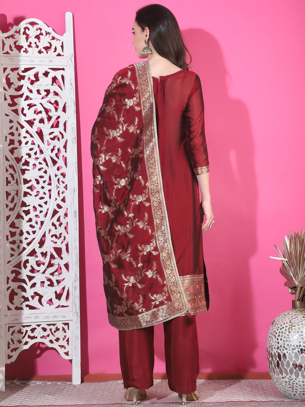 Jyoti Fashion Women's Maroon Silk Jacquard Woven with Zari Work Salwar Suit Set