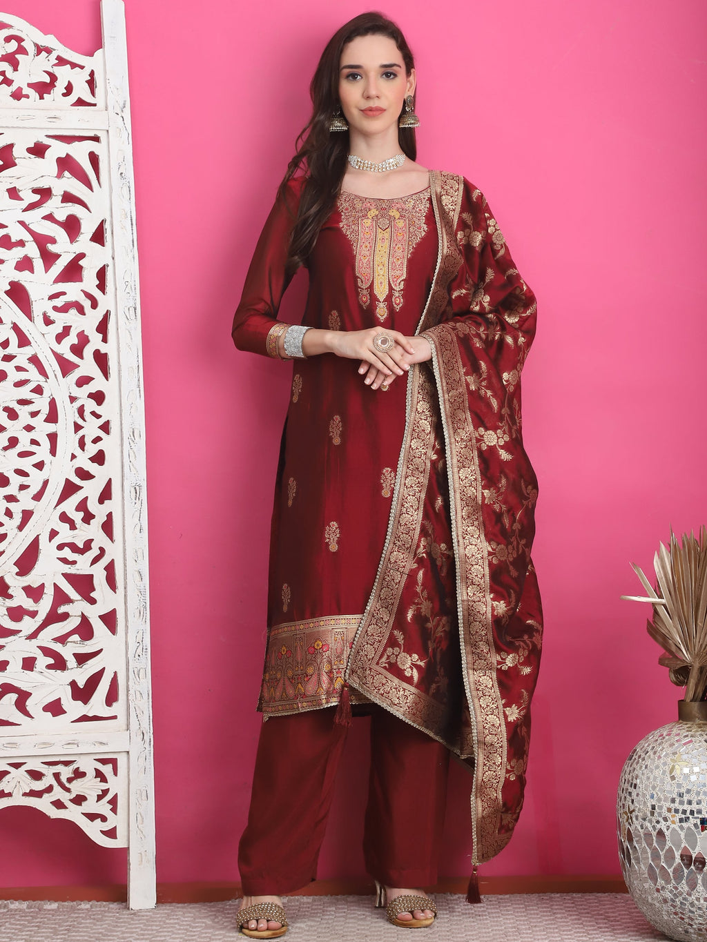 Jyoti Fashion Women's Maroon Silk Jacquard Woven with Zari Work Salwar Suit Set