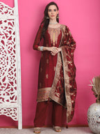 Jyoti Fashion Women's Maroon Silk Jacquard Woven with Zari Work Salwar Suit Set