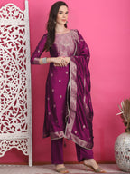 Jyoti Fashion Women's Wine Silk Jacquard Woven with Zari Work Salwar Suit Set - Distacart
