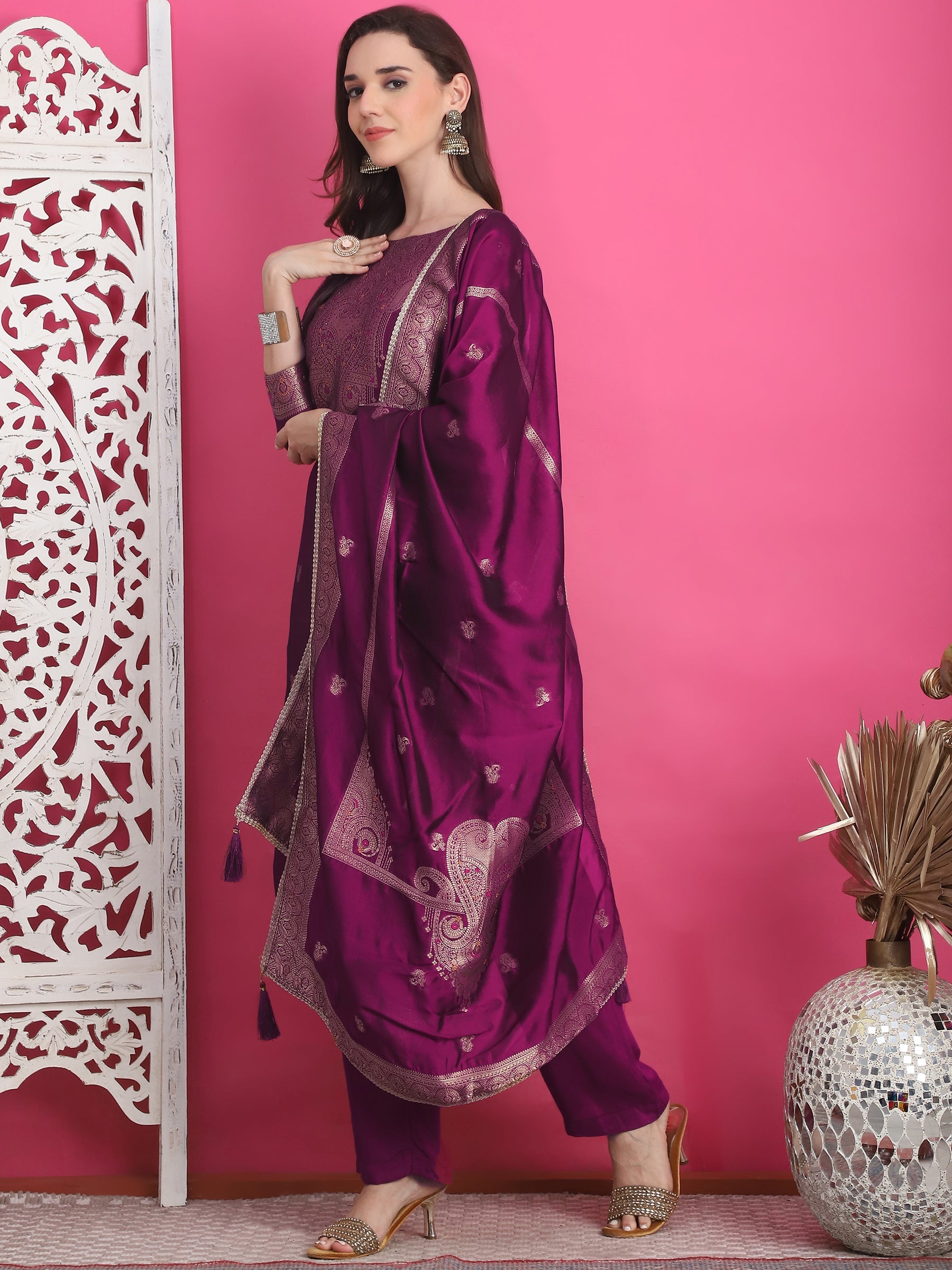 Jyoti Fashion Women's Wine Silk Jacquard Woven with Zari Work Salwar Suit Set - Distacart
