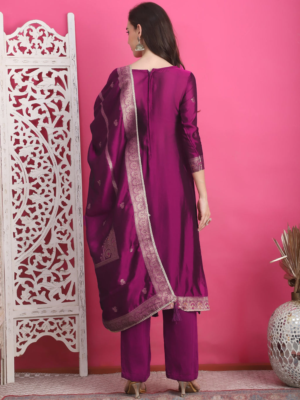 Jyoti Fashion Women's Wine Silk Jacquard Woven with Zari Work Salwar Suit Set - Distacart