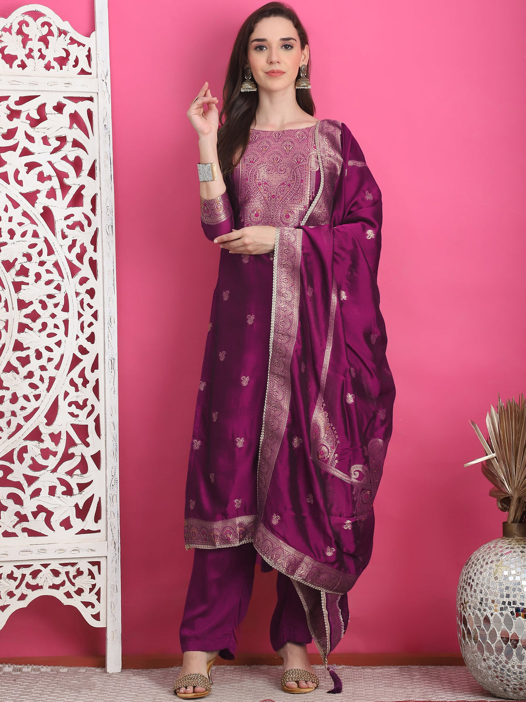 Jyoti Fashion Women's Wine Silk Jacquard Woven with Zari Work Salwar Suit Set - Distacart