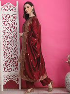 Jyoti Fashion Women's Maroon Silk Jacquard Woven with Zari Work Salwar Suit Set
