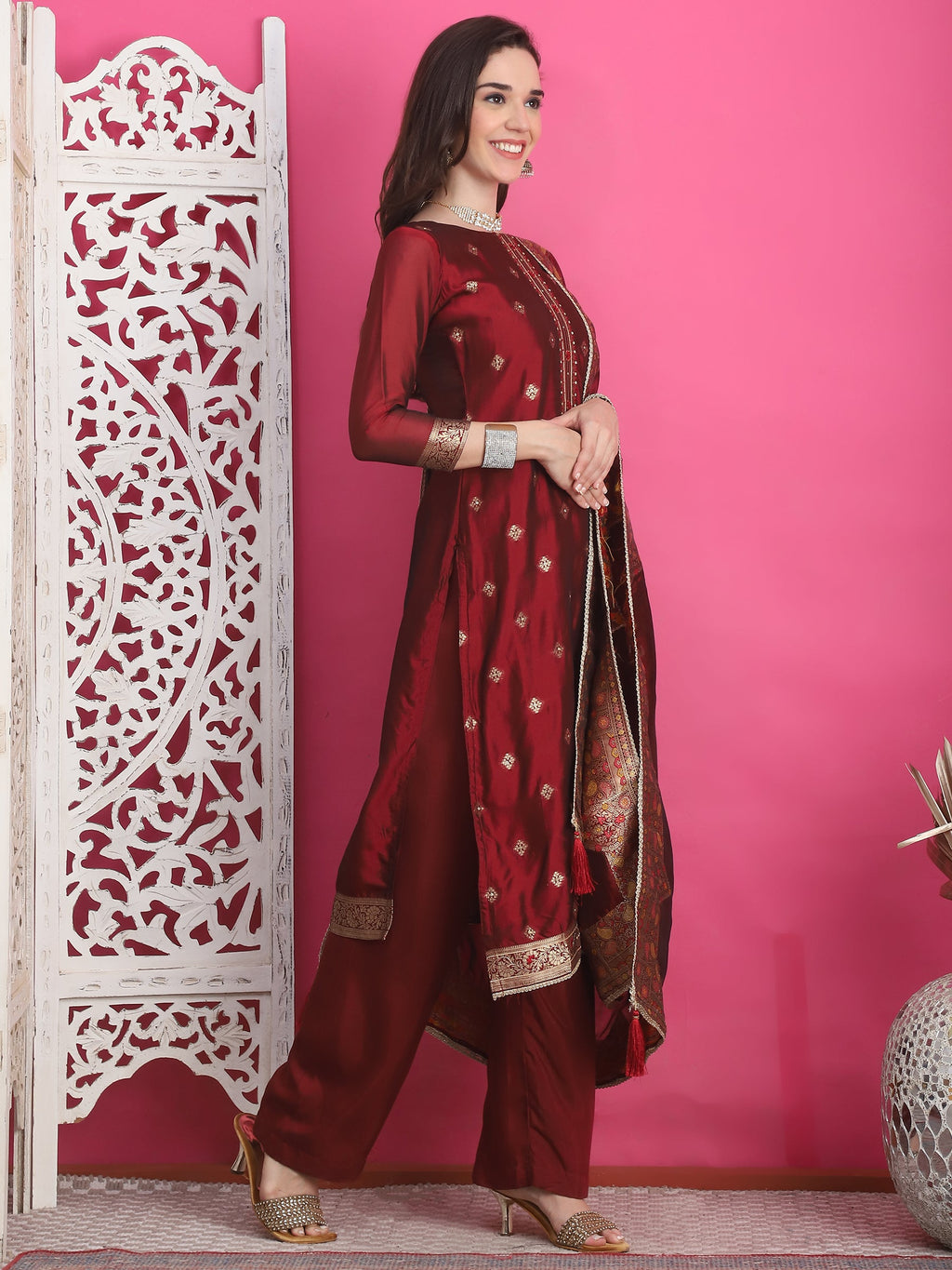 Jyoti Fashion Women's Maroon Silk Jacquard Woven with Zari Work Salwar Suit Set