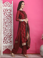 Jyoti Fashion Women's Maroon Silk Jacquard Woven with Zari Work Salwar Suit Set