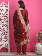 Jyoti Fashion Women's Maroon Silk Jacquard Woven with Zari Work Salwar Suit Set