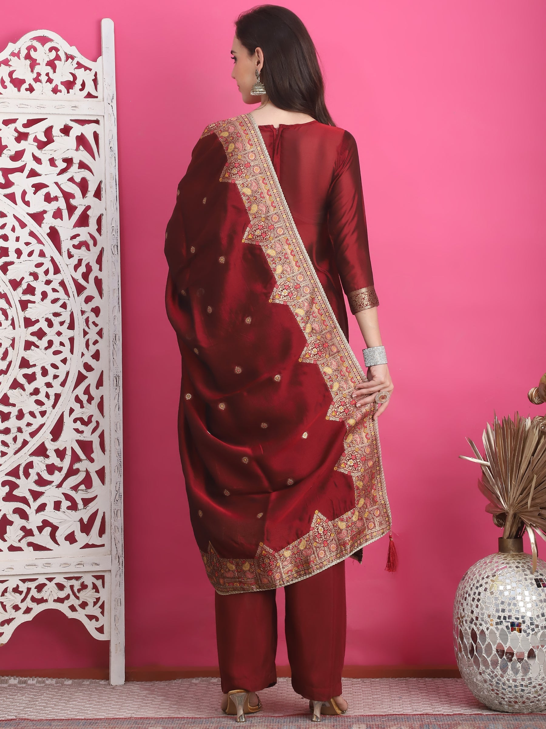 Jyoti Fashion Women's Maroon Silk Jacquard Woven with Zari Work Salwar Suit Set