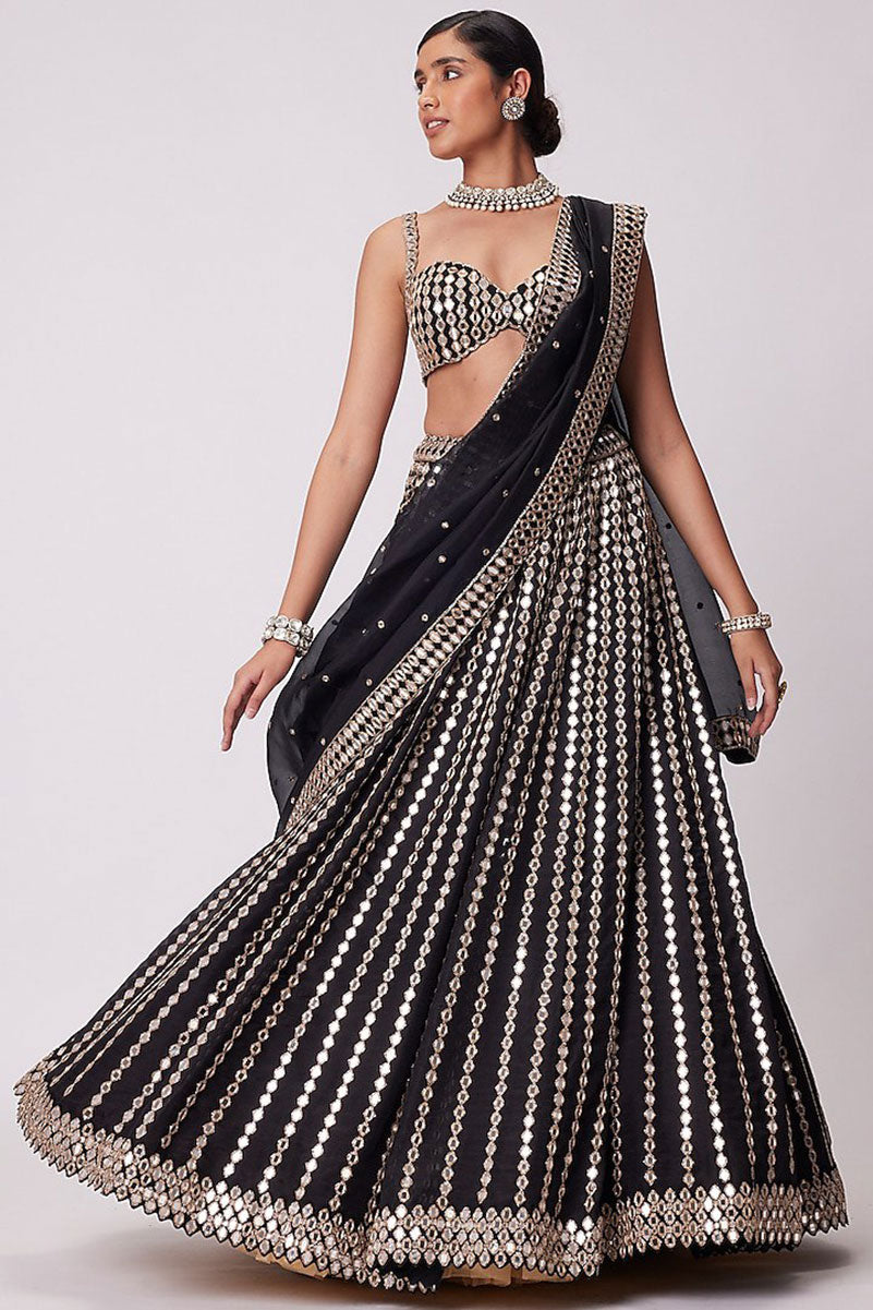 Jyoti Fashion Women's Black Organza Silk Paper Mirror with Zari Embroidered Lehenga Choli with Dupatta
