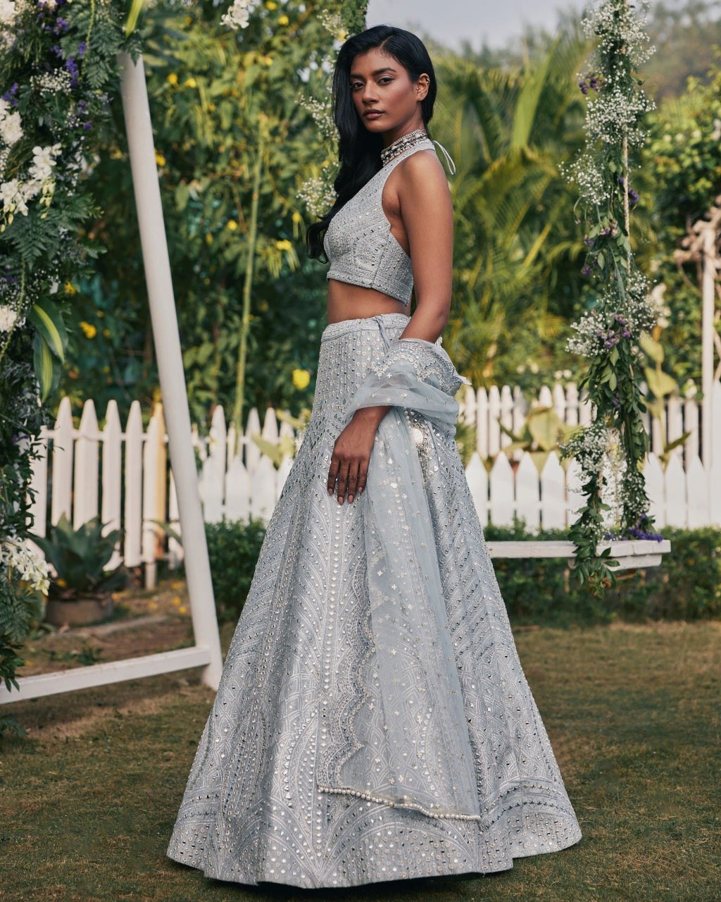 Jyoti Fashion Women's Steel Grey Heavy Banglori Silk Paper Mirror with Zari Thread & 3MM Sequins Embroidered Lehenga Choli with Dupatta