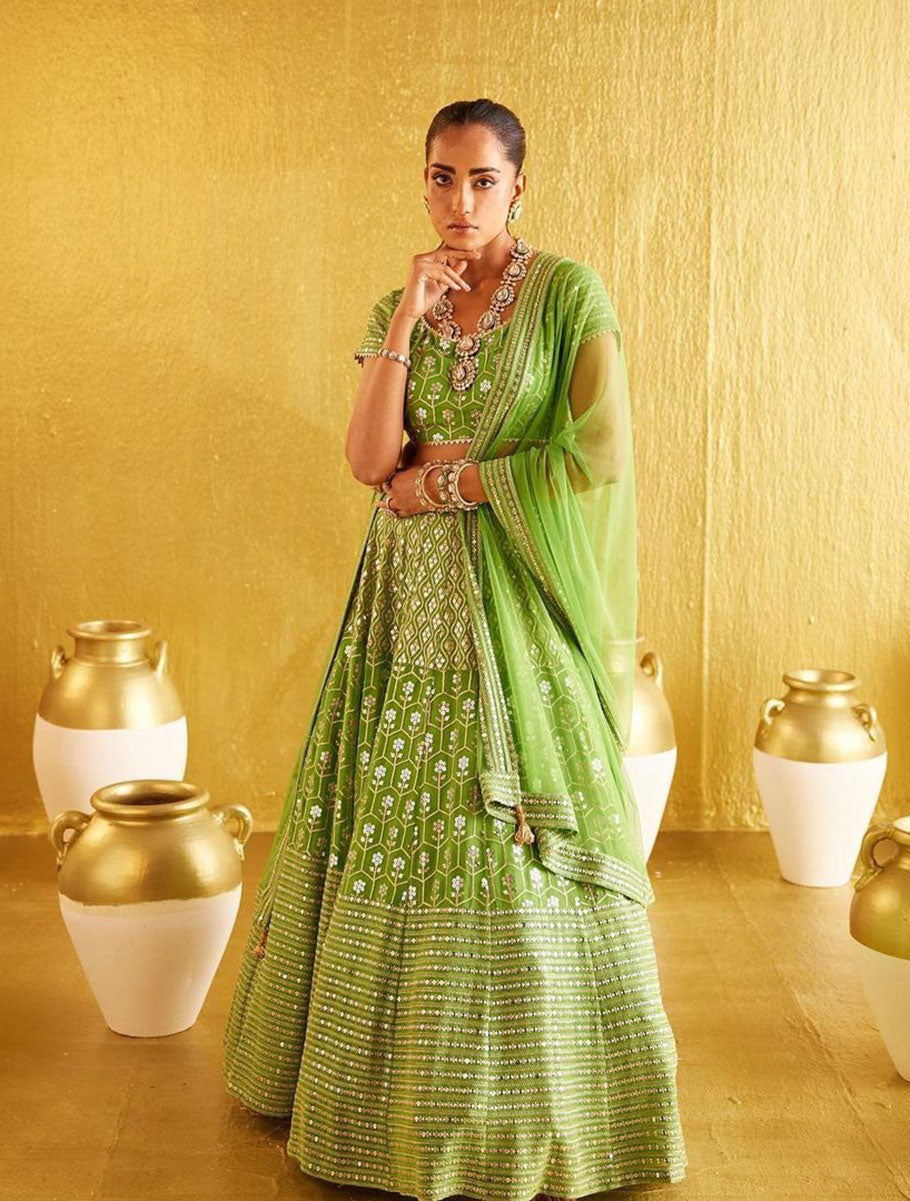 Jyoti Fashion Women's Parrot Green Banglory Silk 9MM Sequins with Zari Embroidered Lehenga Choli with Dupatta