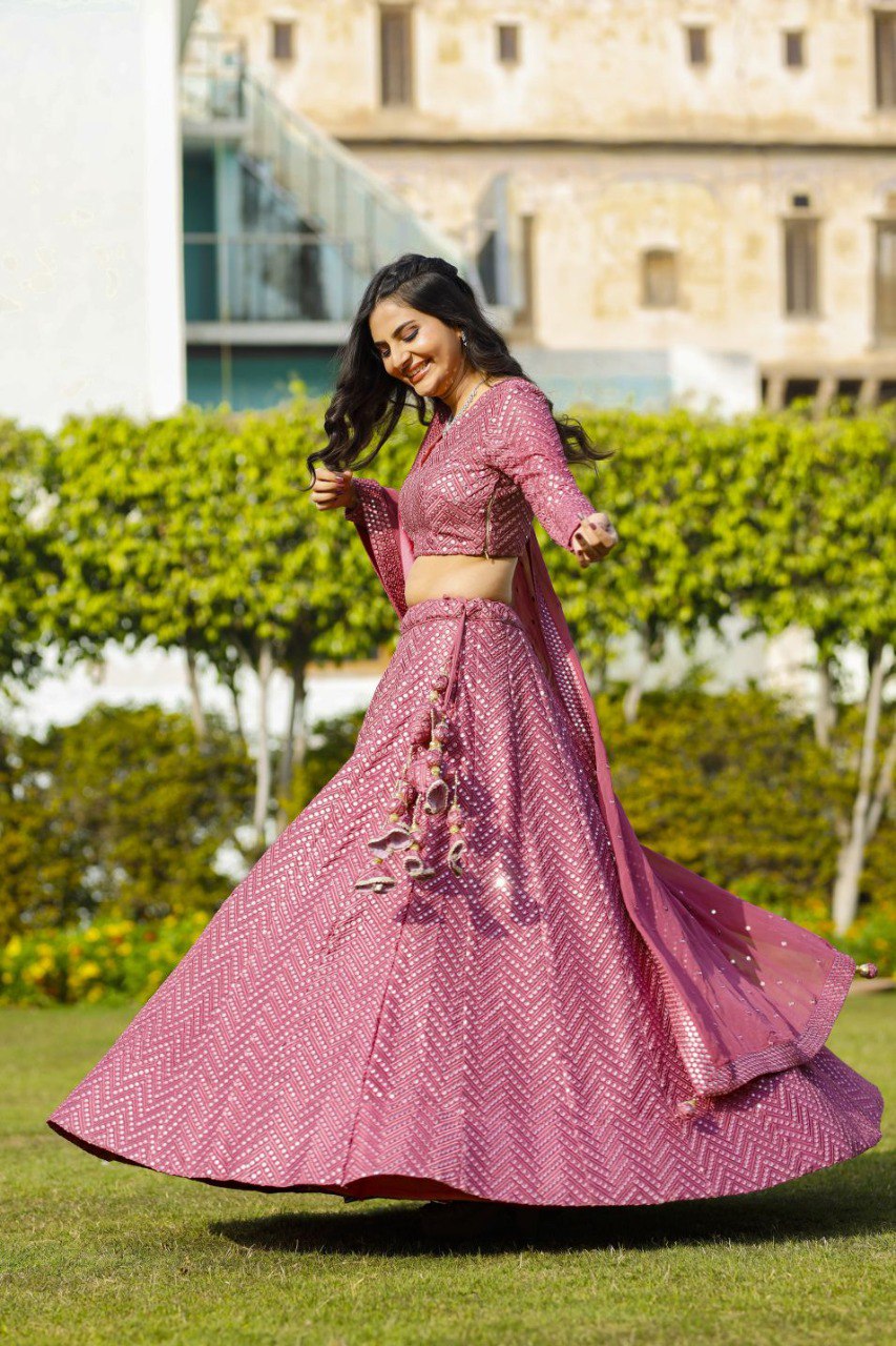 Jyoti Fashion Women's Metallic Pink Faux Georgette 9MM Sequins with Thread Embroidered Lehenga Choli with Dupatta