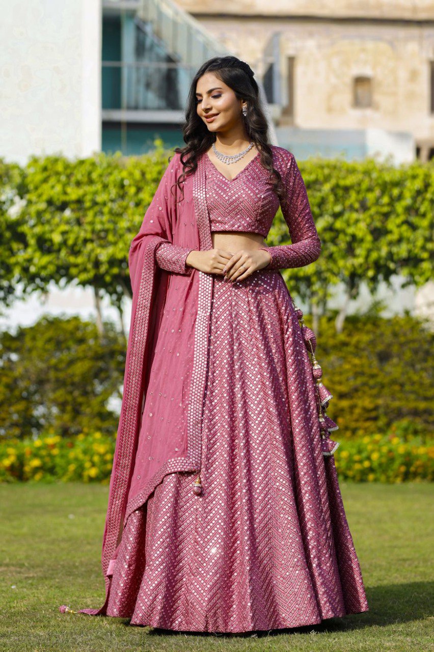 Jyoti Fashion Women's Metallic Pink Faux Georgette 9MM Sequins with Thread Embroidered Lehenga Choli with Dupatta