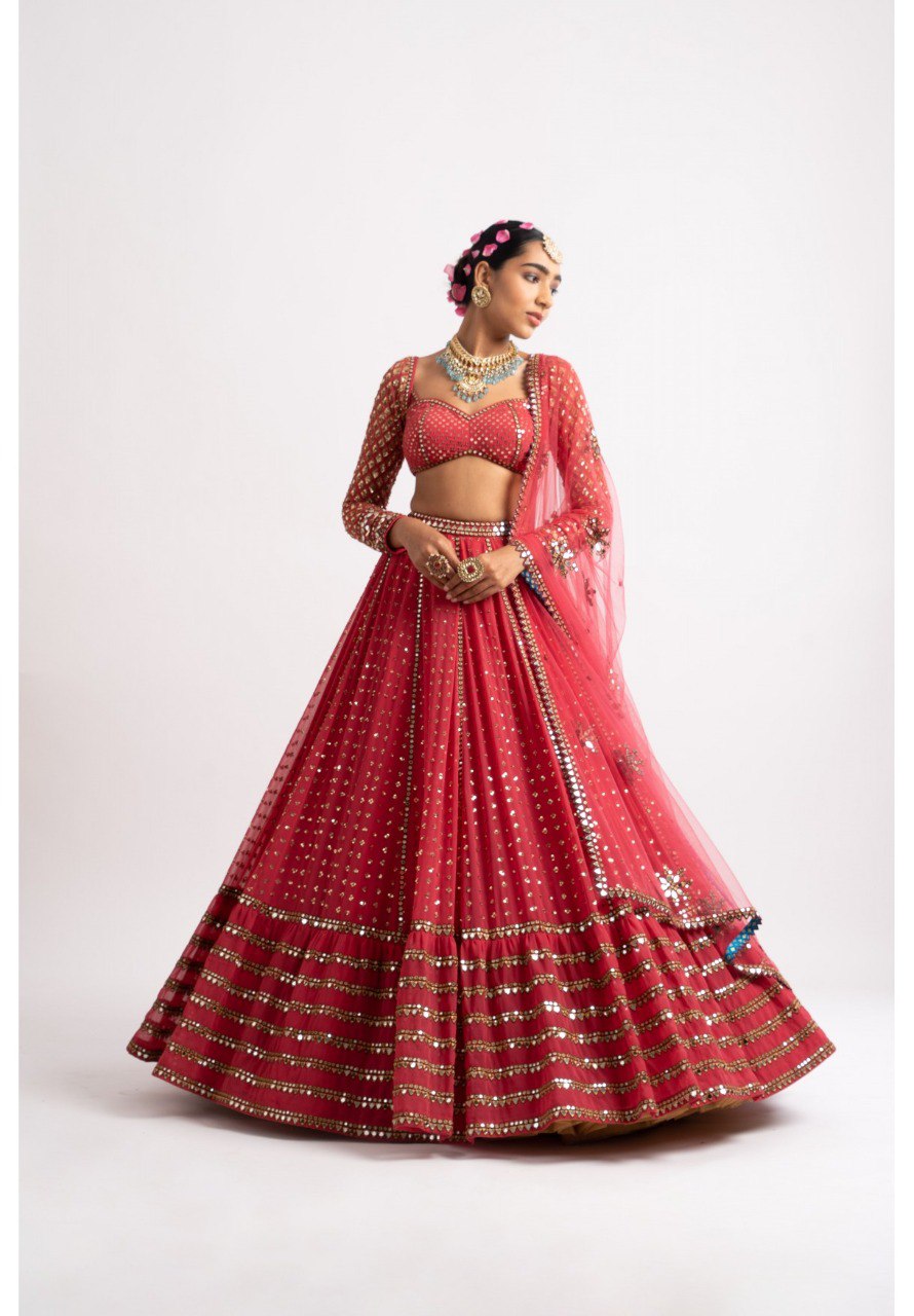 Jyoti Fashion Women's Gajri Red Faux Georgette 3MM, 5MM & 9MM Sequins with Zari Embroidered Lehenga Choli with Dupatta