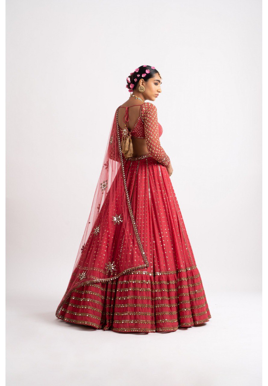 Jyoti Fashion Women's Gajri Red Faux Georgette 3MM, 5MM & 9MM Sequins with Zari Embroidered Lehenga Choli with Dupatta