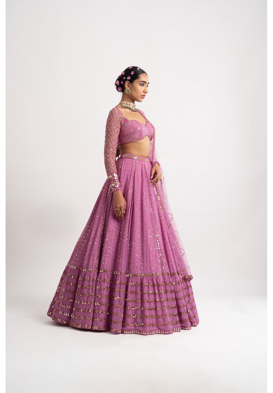 Jyoti Fashion Women's Metallic Pink Faux Georgette 3MM, 5MM & 9MM Sequins with Zari Embroidered Lehenga Choli with Dupatta