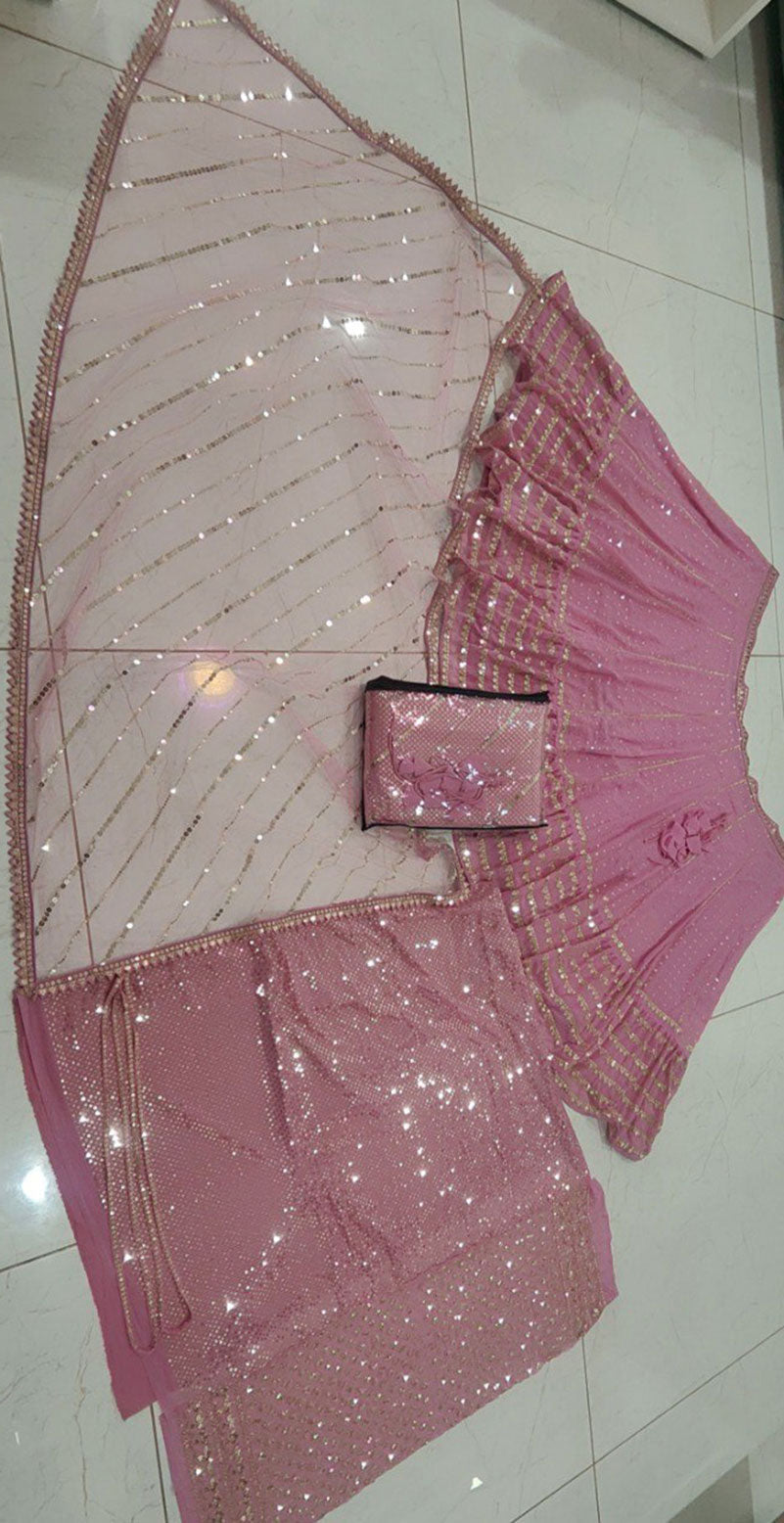 Jyoti Fashion Women's Metallic Pink Faux Georgette 3MM, 5MM & 9MM Sequins with Zari Embroidered Lehenga Choli with Dupatta