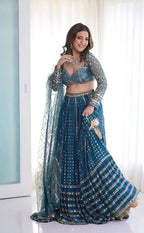 Jyoti Fashion Women's Blue Faux Georgette 3MM, 5MM & 9MM Sequins with Zari Embroidered Lehenga Choli with Dupatta