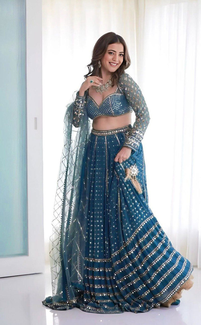 Jyoti Fashion Women's Blue Faux Georgette 3MM, 5MM & 9MM Sequins with Zari Embroidered Lehenga Choli with Dupatta