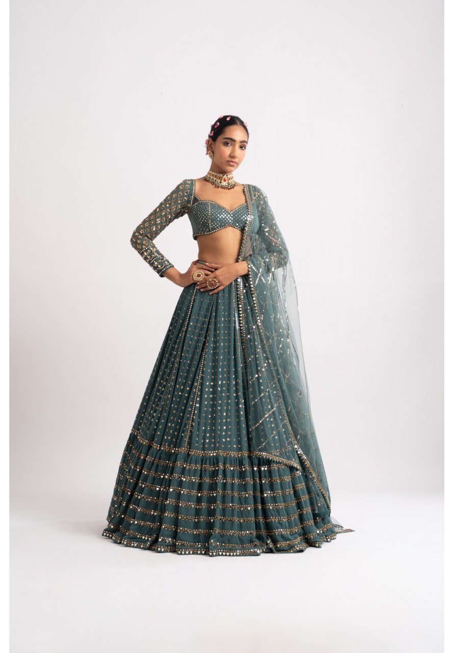 Jyoti Fashion Women's Dark Green Faux Georgette 3MM, 5MM & 9MM Sequins with Zari Embroidered Lehenga Choli with Dupatta