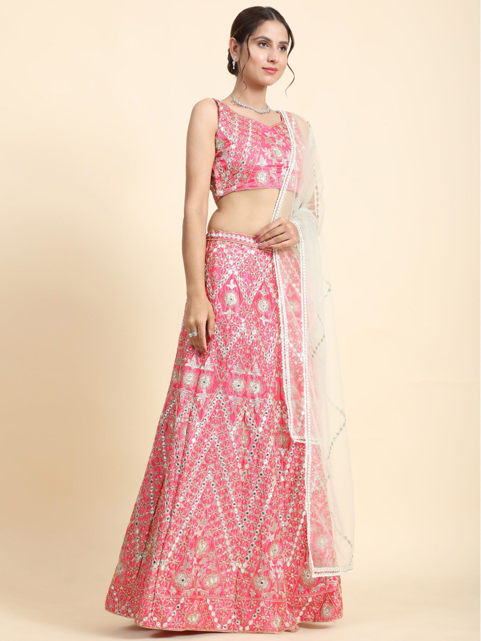 Jyoti Fashion Women's Pink Devsena Silk 3MM Sequins with Zari Dori Embroidered & Paper Mirror Work Lehenga Choli with Dupatta