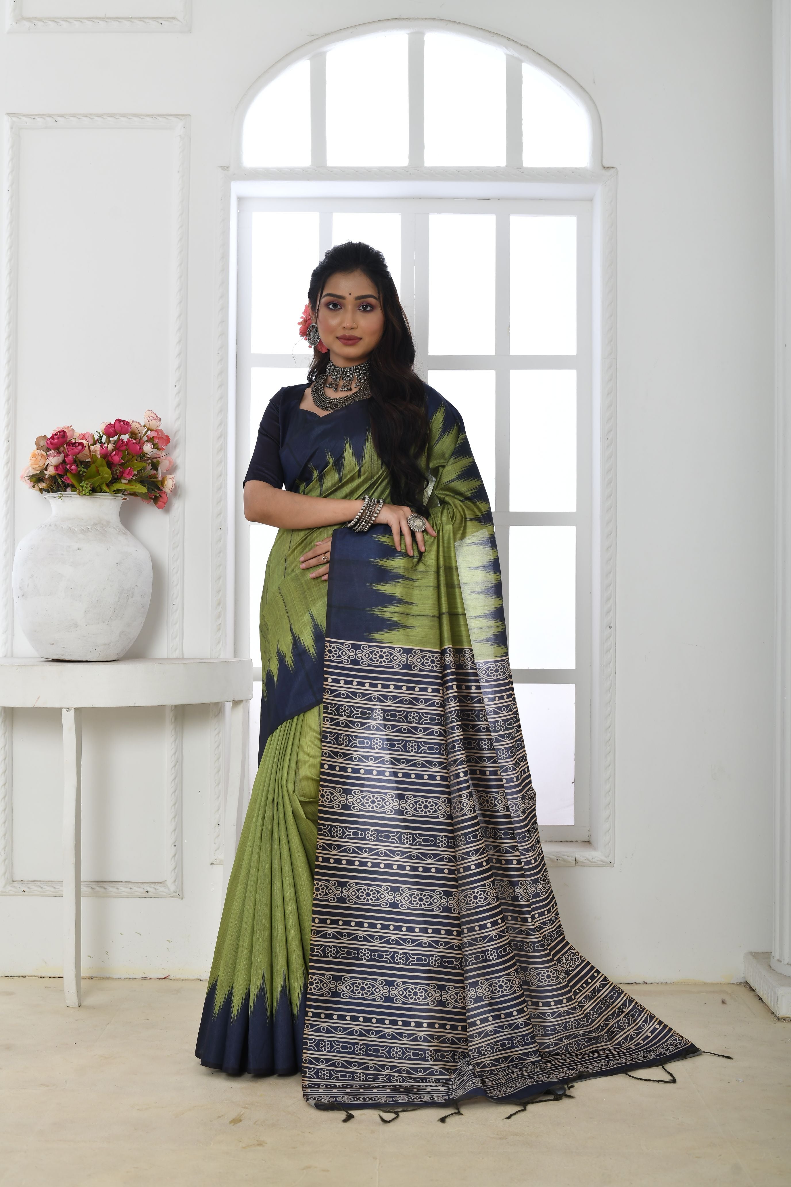 Jyoti Fashion Women's Mehendi Soft Tussar Silk Printed Temple Border Traditional Saree with Blouse - Distacart