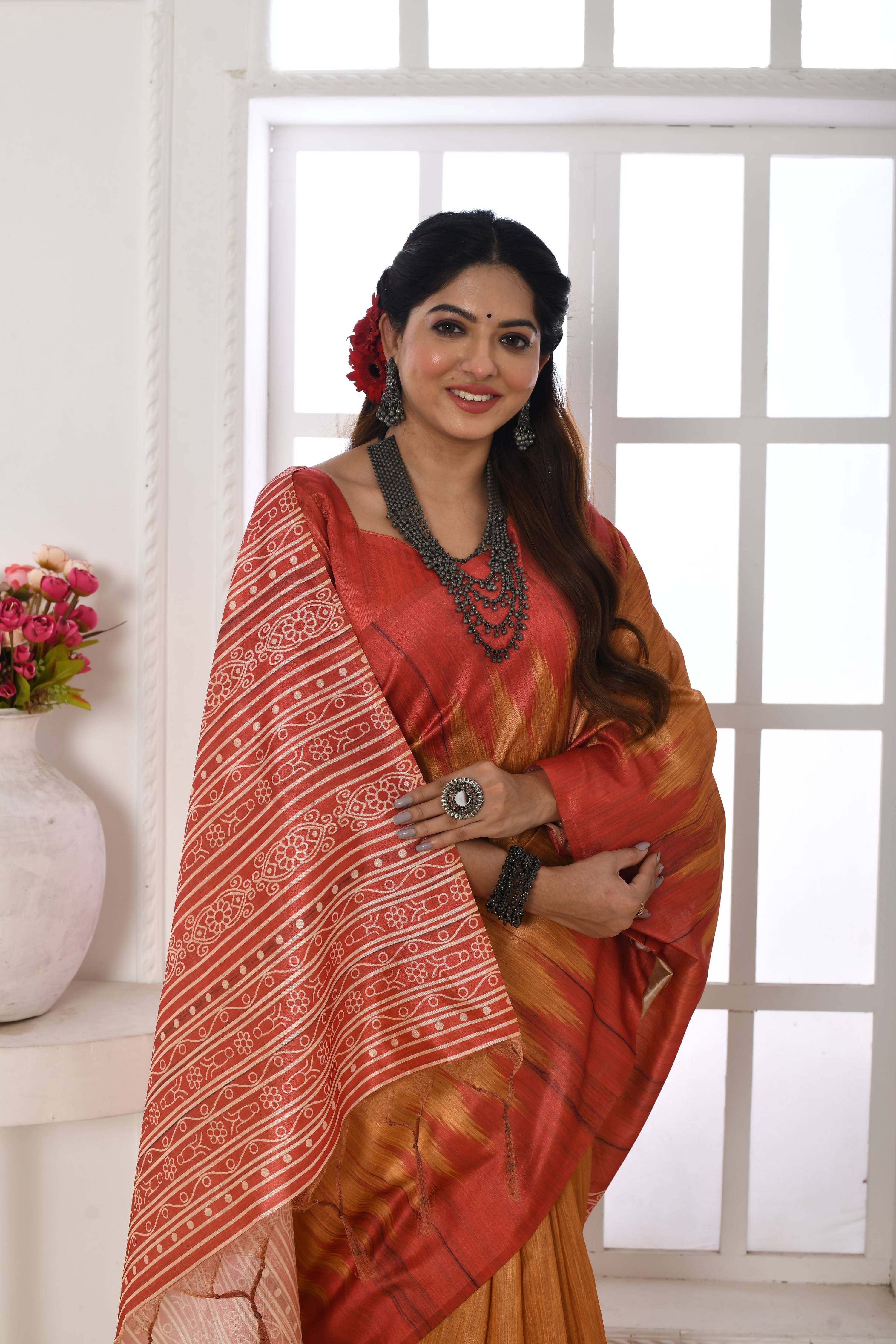 Jyoti Fashion Women's Mustard Soft Tussar Silk Printed Temple Border Traditional Saree with Blouse - Distacart