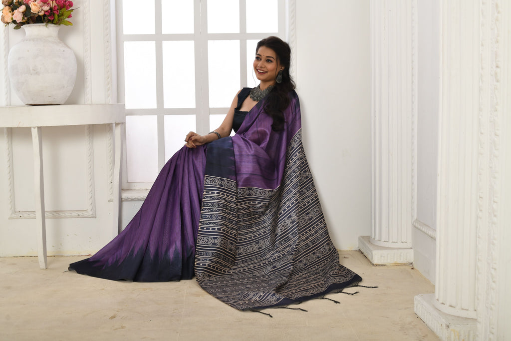 Jyoti Fashion Women's Purple Soft Tussar Silk Printed Temple Border Traditional Saree with Blouse - Distacart