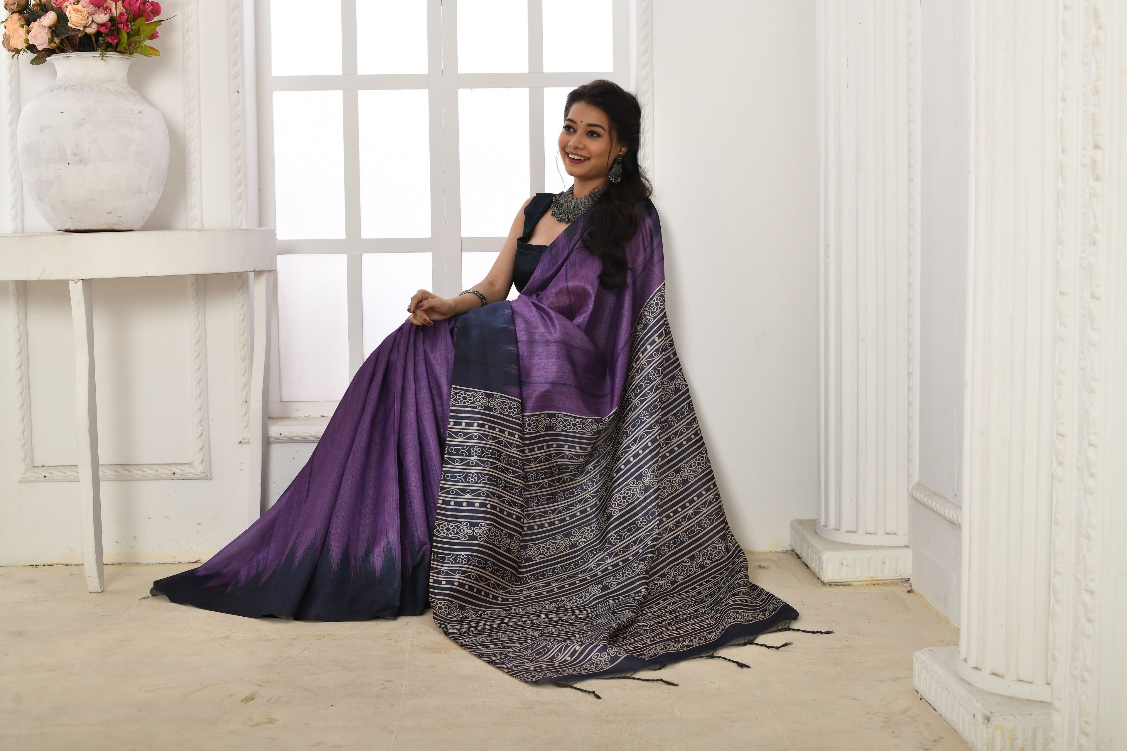 Jyoti Fashion Women's Purple Soft Tussar Silk Printed Temple Border Traditional Saree with Blouse - Distacart