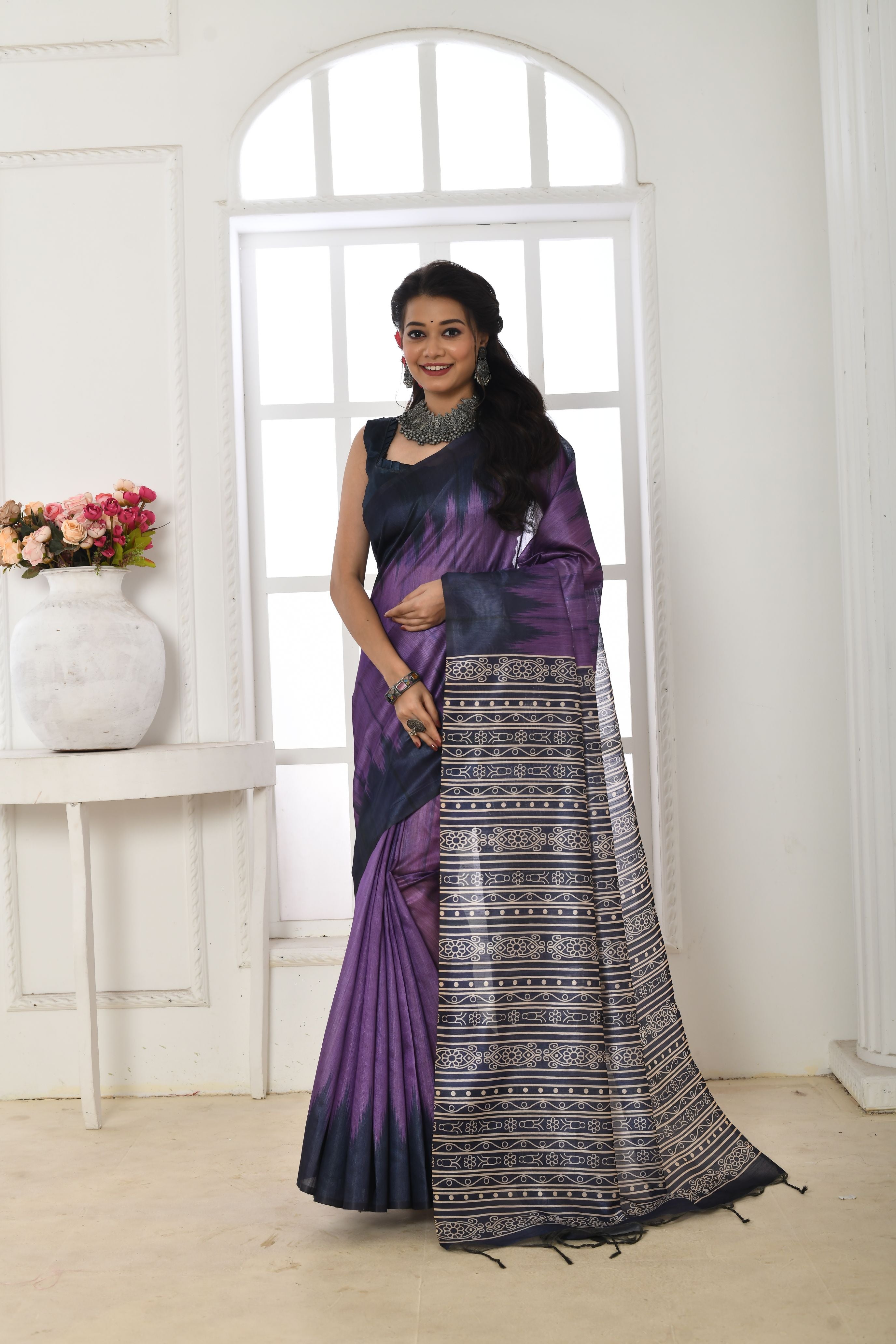 Jyoti Fashion Women's Purple Soft Tussar Silk Printed Temple Border Traditional Saree with Blouse - Distacart