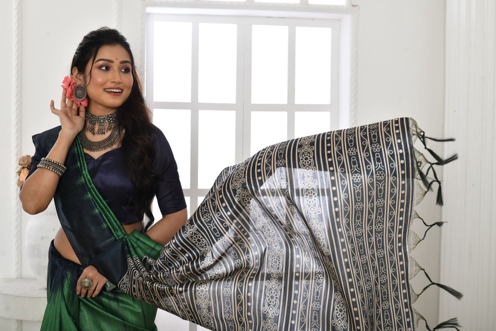 Jyoti Fashion Women's Green Soft Tussar Silk Printed Temple Border Traditional Saree with Blouse - Distacart