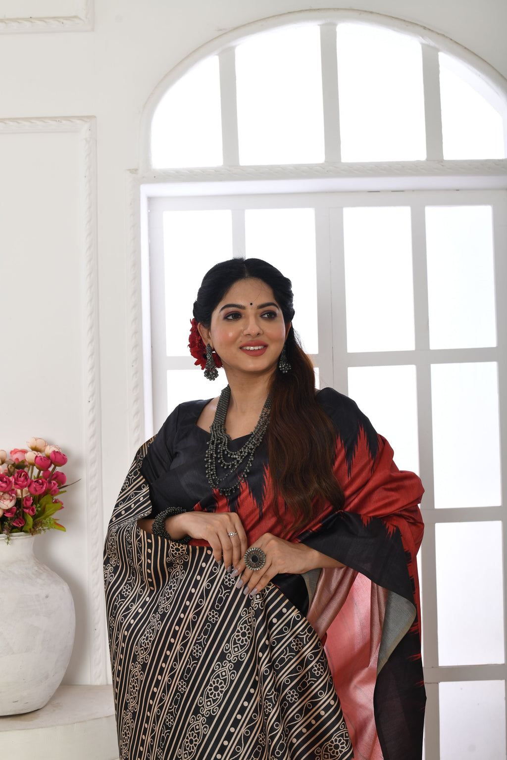 Jyoti Fashion Women's Red Soft Tussar Silk Printed Temple Border Traditional Saree with Blouse - Distacart