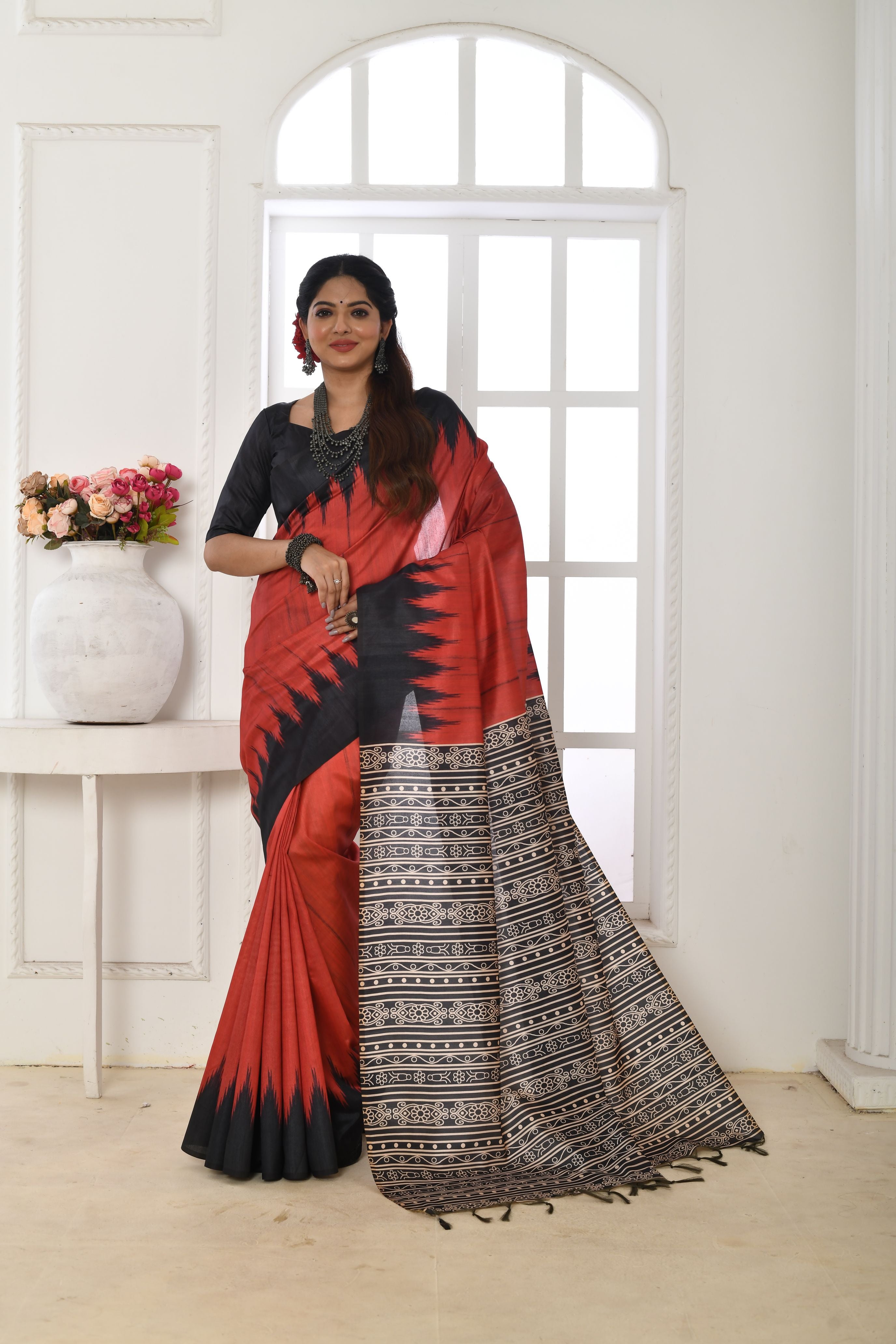 Jyoti Fashion Women's Red Soft Tussar Silk Printed Temple Border Traditional Saree with Blouse - Distacart
